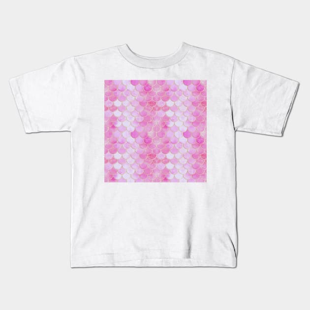 Pink Pearlescent & Gold Mermaid Scale Pattern Kids T-Shirt by tanyadraws